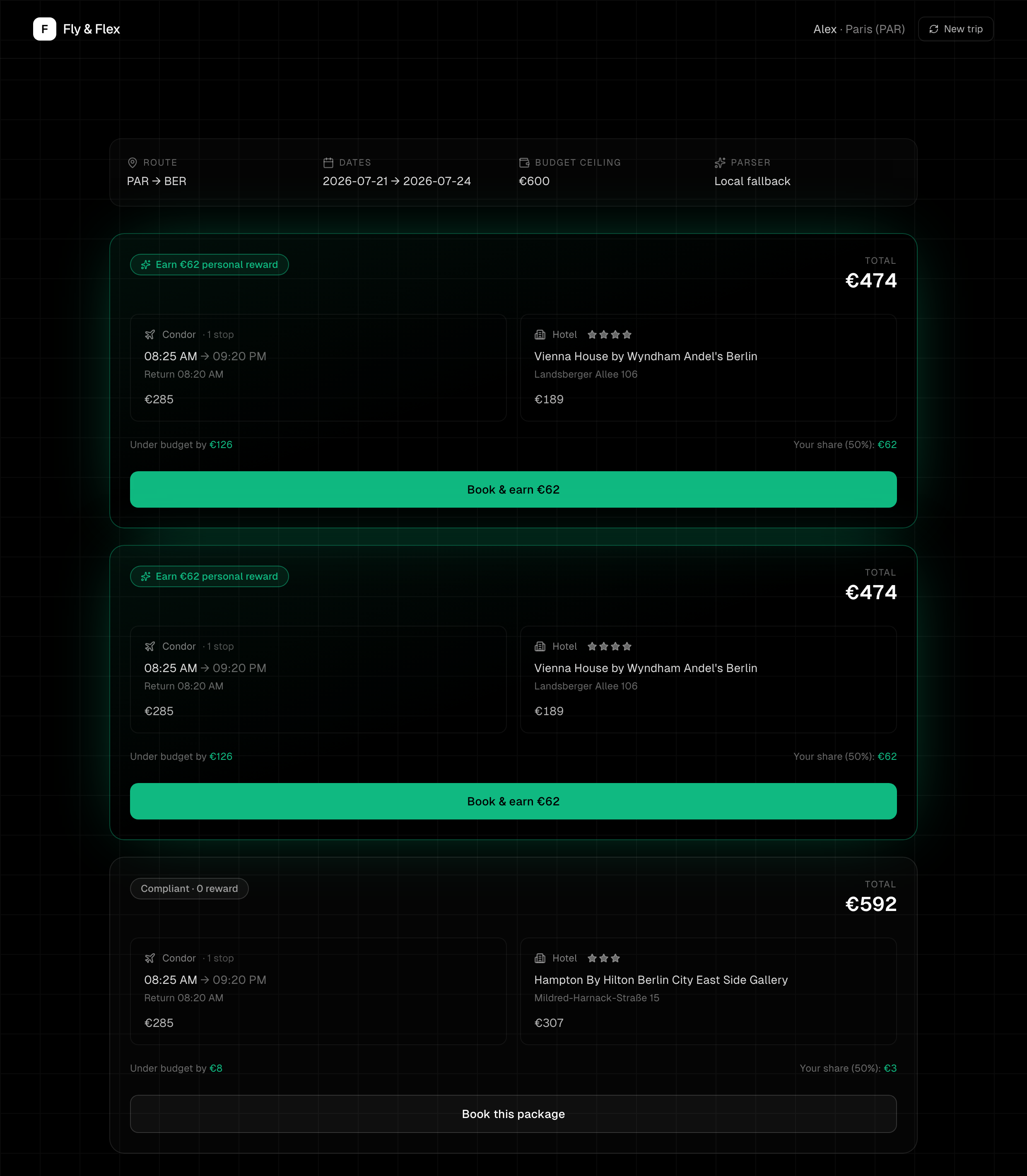 Business Trip Savings app. A PAR to BER trip under a 600 euro company budget, with priced packages and a personal reward for booking under budget