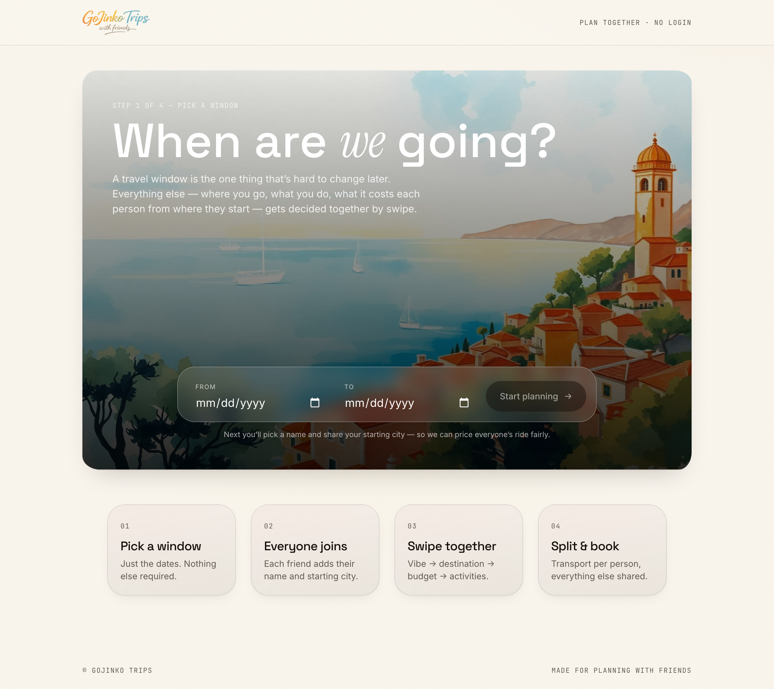 Tinder Destination app. Pick a travel window, then swipe together through priced destination ideas